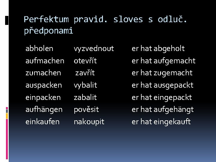 Perfektum pravid. sloves s odluč. předponami abholen aufmachen zumachen auspacken einpacken aufhängen einkaufen vyzvednout