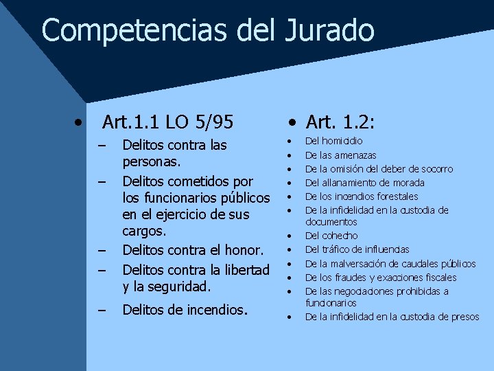 Competencias del Jurado • Art. 1. 1 LO 5/95 – – – Delitos contra