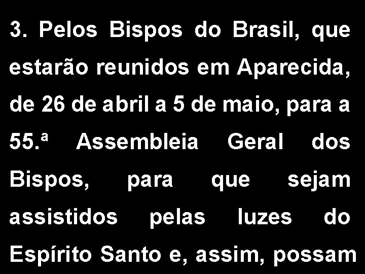 3. Pelos Bispos do Brasil, que estarão reunidos em Aparecida, de 26 de abril