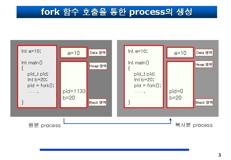 fork 함수 호출을 통한 process의 생성 int a=10; int main() { pid_t pid; int