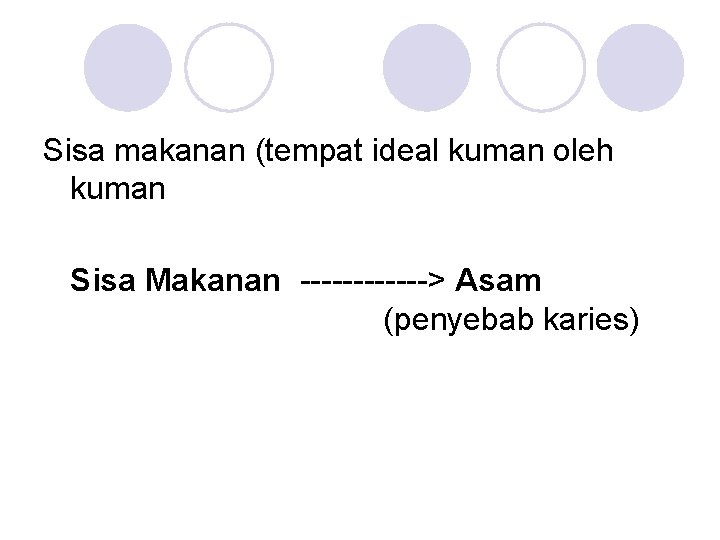 Sisa makanan (tempat ideal kuman oleh kuman Sisa Makanan ------> Asam (penyebab karies) 