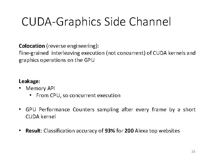 CUDA-Graphics Side Channel Colocation (reverse engineering): Fine-grained interleaving execution (not concurrent) of CUDA kernels