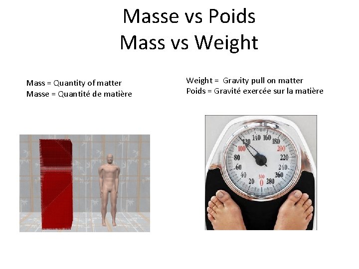 Masse vs Poids Mass vs Weight Mass = Quantity of matter Masse = Quantité