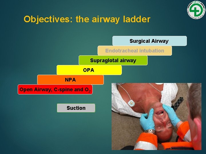 Objectives: the airway ladder Surgical Airway Endotracheal intubation Supraglotal airway OPA NPA Open Airway,