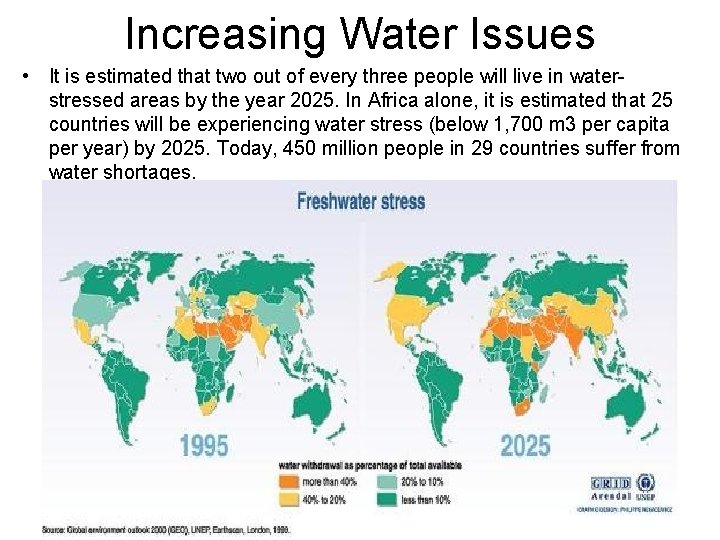 Increasing Water Issues • It is estimated that two out of every three people