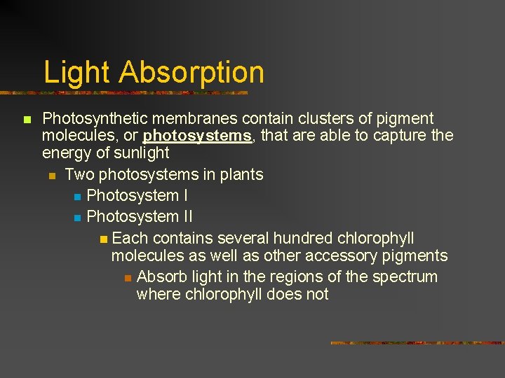 Light Absorption n Photosynthetic membranes contain clusters of pigment molecules, or photosystems, that are