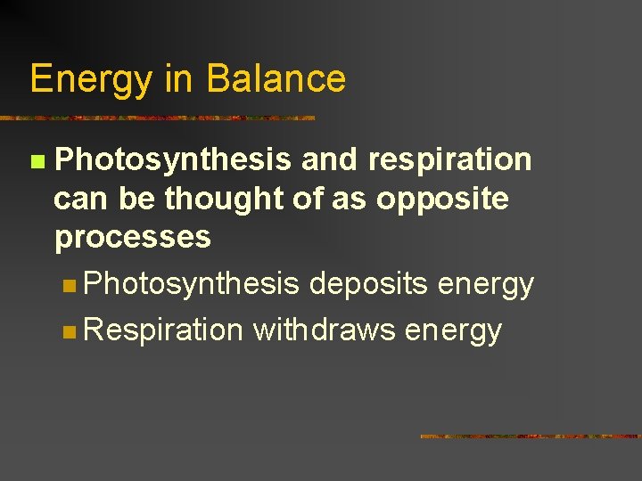 Energy in Balance n Photosynthesis and respiration can be thought of as opposite processes