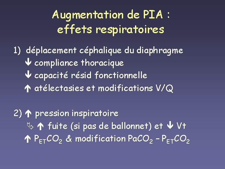 Augmentation de PIA : effets respiratoires 1) déplacement céphalique du diaphragme compliance thoracique capacité