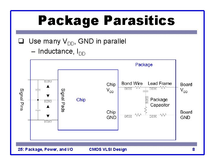 Package Parasitics q Use many VDD, GND in parallel – Inductance, IDD 25: Package,