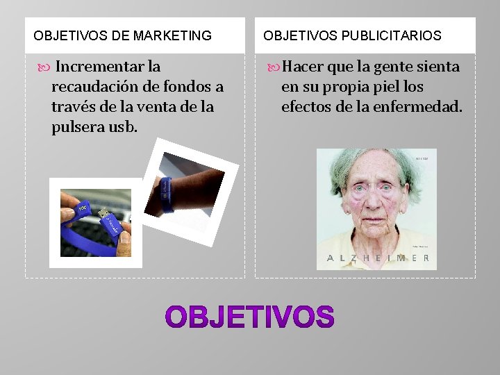 OBJETIVOS DE MARKETING OBJETIVOS PUBLICITARIOS Incrementar la Hacer que la gente sienta recaudación de