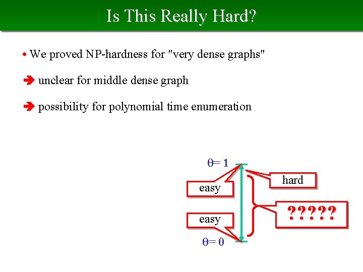 Is This Really Hard? • We proved NP-hardness for "very dense graphs" unclear for