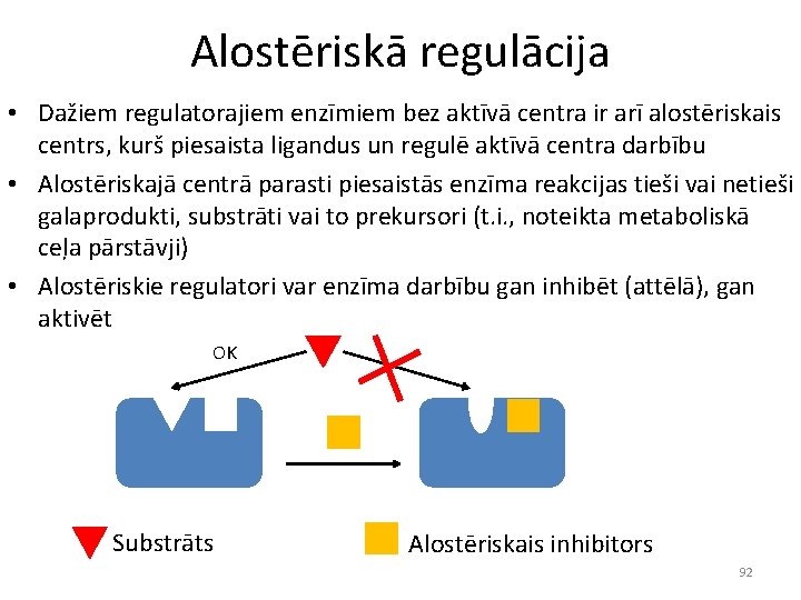 Alostēriskā regulācija • Dažiem regulatorajiem enzīmiem bez aktīvā centra ir arī alostēriskais centrs, kurš