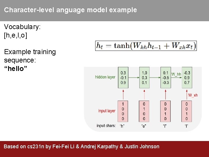 Character-level anguage model example Vocabulary: [h, e, l, o] Example training sequence: “hello” Based