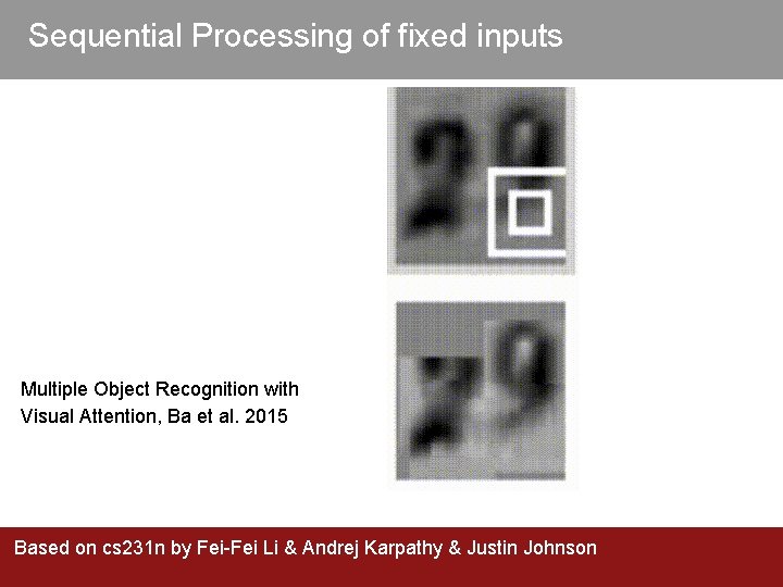 Sequential Processing of fixed inputs Multiple Object Recognition with Visual Attention, Ba et al.