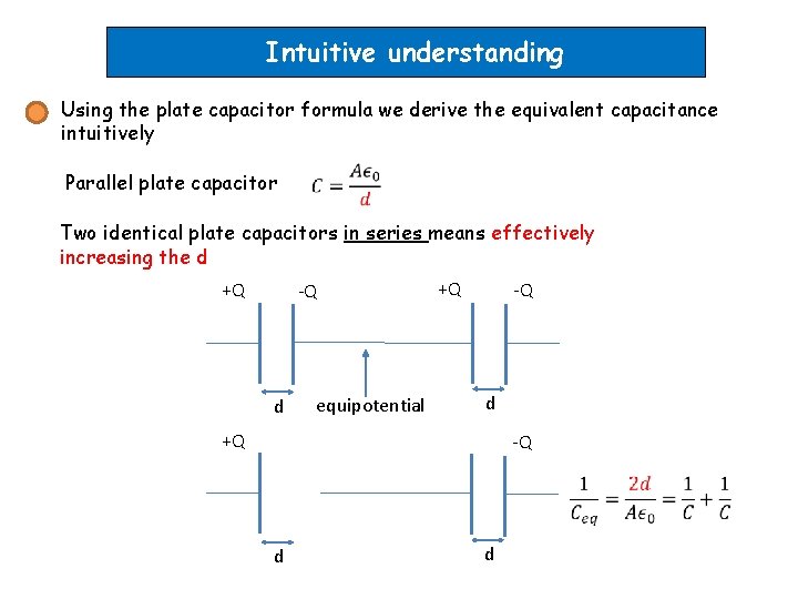 Intuitive understanding Using the plate capacitor formula we derive the equivalent capacitance intuitively Parallel