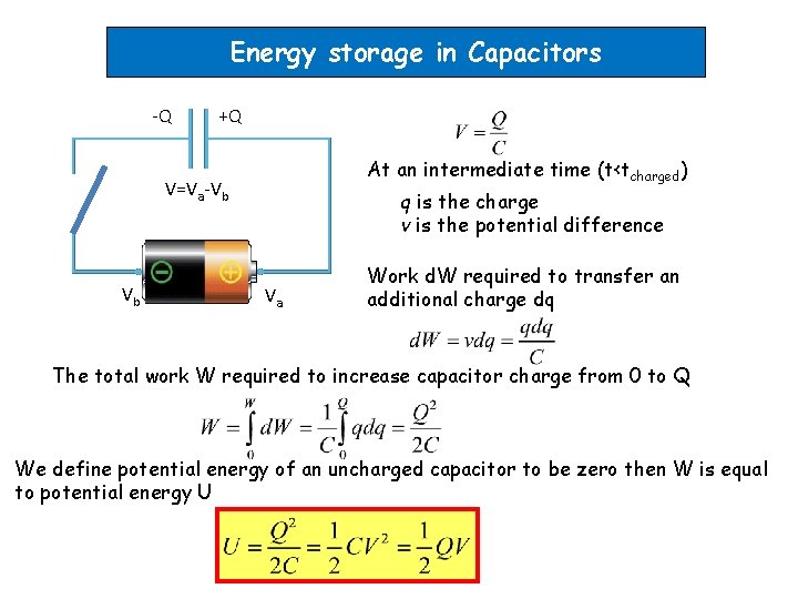 Energy storage in Capacitors -Q +Q At an intermediate time (t<tcharged) V=Va-Vb Vb q