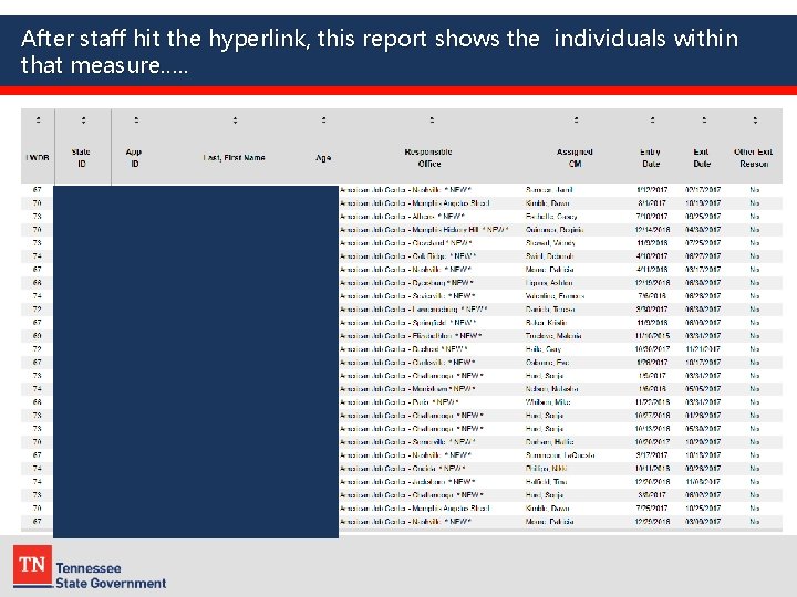 After staff hit the hyperlink, this report shows the individuals within that measure…. .