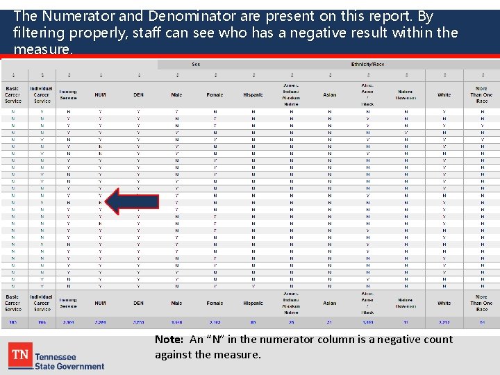 The Numerator and Denominator are present on this report. By filtering properly, staff can