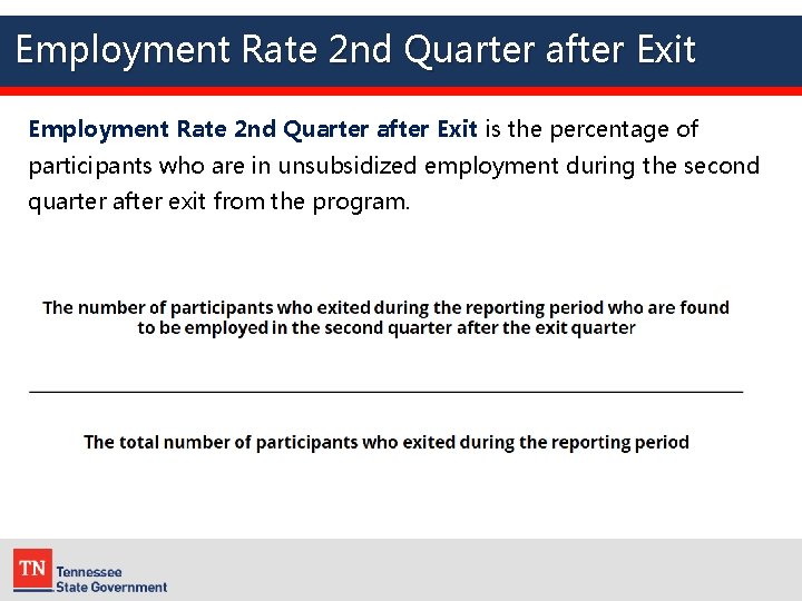 Employment Rate 2 nd Quarter after Exit is the percentage of participants who are