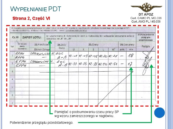 WYPEŁNIANIE PDT Strona 2, Część VI Pamiętać o podsumowaniu czasu pracy SP wg wzoru