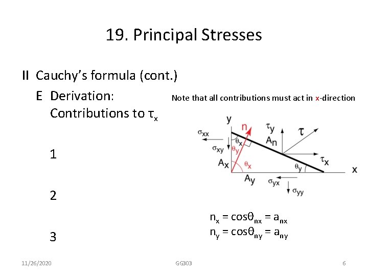 19. Principal Stresses II Cauchy’s formula (cont. ) E Derivation: Note that all contributions