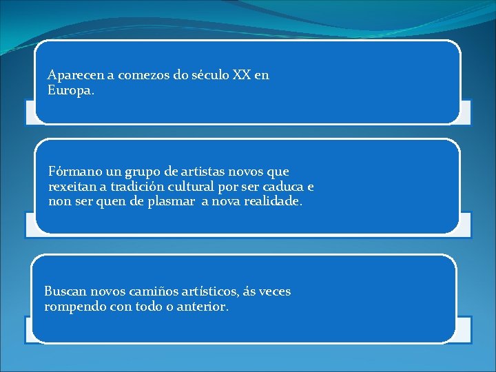 Aparecen a comezos do século XX en Europa. Fórmano un grupo de artistas novos