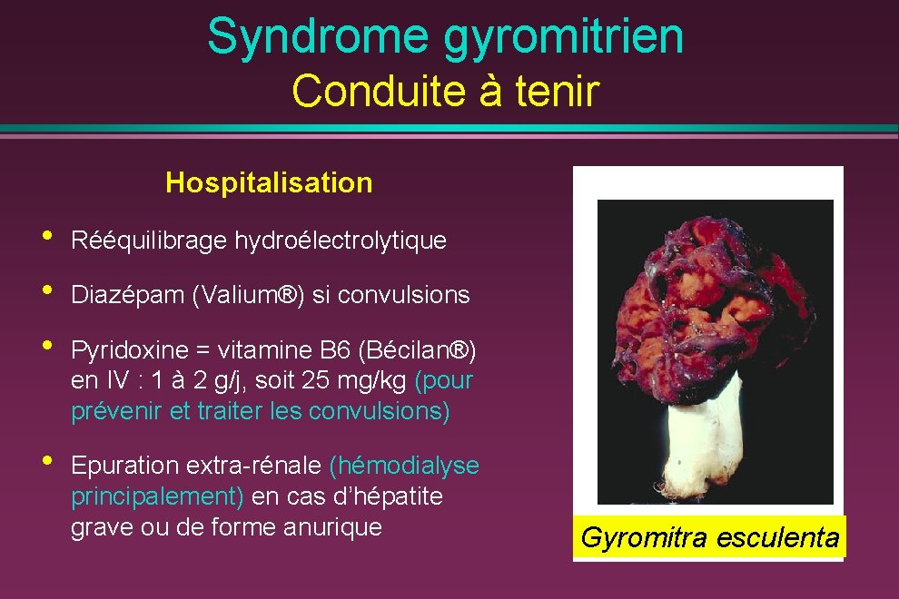 Syndrome gyromitrien Conduite à tenir Hospitalisation • • • Rééquilibrage hydroélectrolytique • Epuration extra-rénale