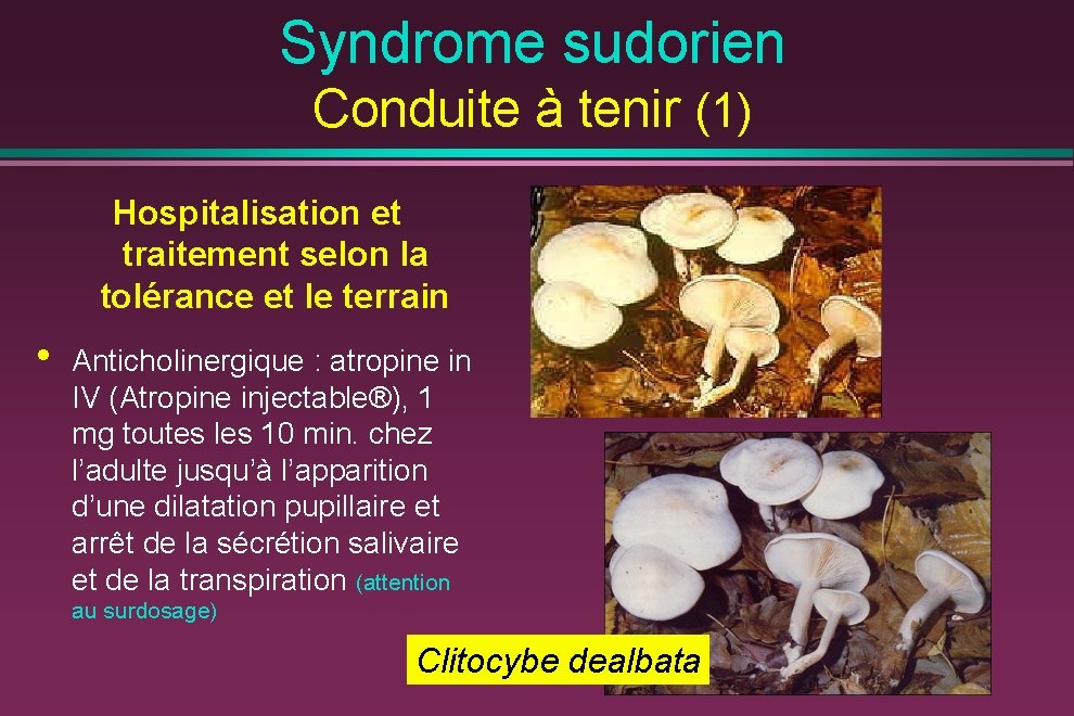 Syndrome sudorien Conduite à tenir (1) Hospitalisation et traitement selon la tolérance et le