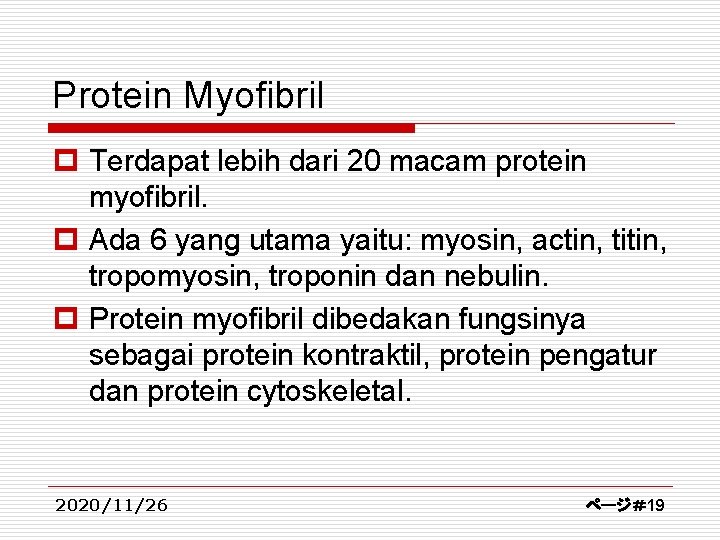 Protein Myofibril p Terdapat lebih dari 20 macam protein myofibril. p Ada 6 yang