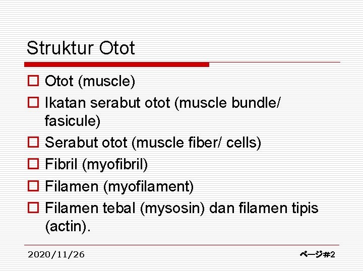 Struktur Otot o Otot (muscle) o Ikatan serabut otot (muscle bundle/ fasicule) o Serabut