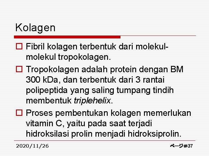 Kolagen o Fibril kolagen terbentuk dari molekul tropokolagen. o Tropokolagen adalah protein dengan BM