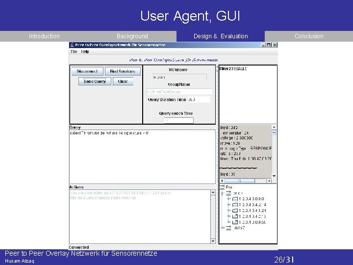 User Agent, GUI Introduction Background Peer to Peer Overlay Netzwerk für Sensorennetze Husam Alzaq