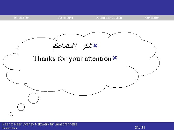 Introduction Background Design & Evaluation Conclusion ﺷﻜﺮ ﻻﺳﺘﻤﺎﻋﻜﻢ Thanks for your attention Peer to