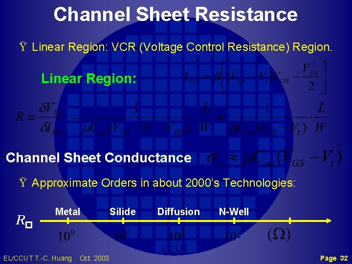 Channel Sheet Resistance Ÿ Linear Region: VCR (Voltage Control Resistance) Region. Linear Region: Channel