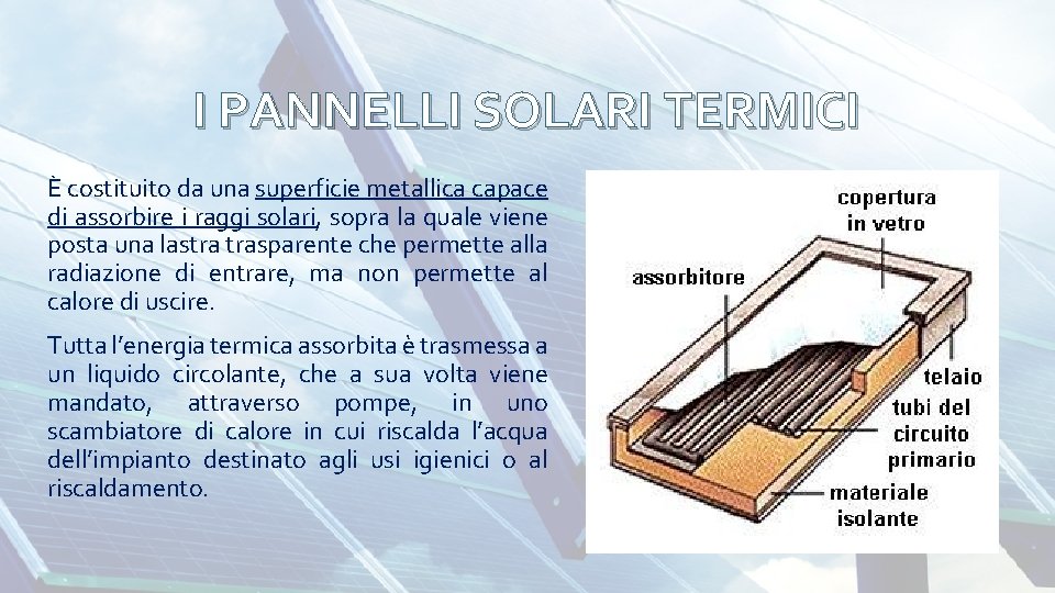 I PANNELLI SOLARI TERMICI È costituito da una superficie metallica capace di assorbire i