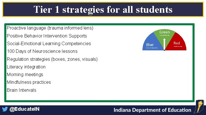 Tier 1 strategies for all students Proactive language (trauma informed lens) Positive Behavior Intervention