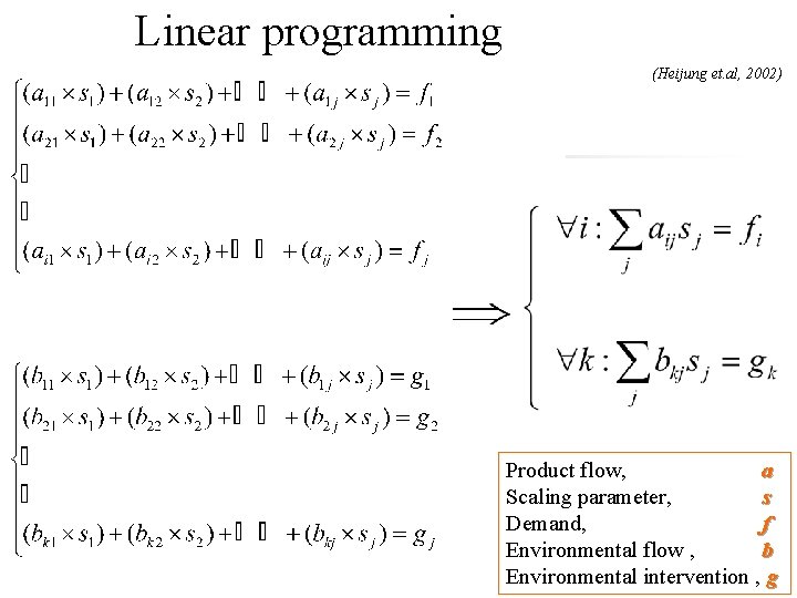 Linear programming (Heijung et. al, 2002) Product flow, a Scaling parameter, s Demand, f