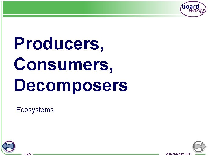 Producers, Consumers, Decomposers Ecosystems 1 of 9 © Boardworks 2011 