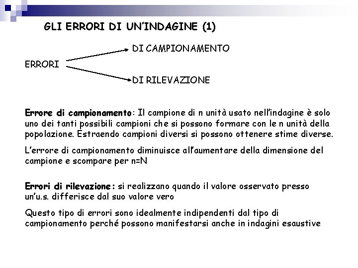 GLI ERRORI DI UN’INDAGINE (1) DI CAMPIONAMENTO ERRORI DI RILEVAZIONE Errore di campionamento: Il