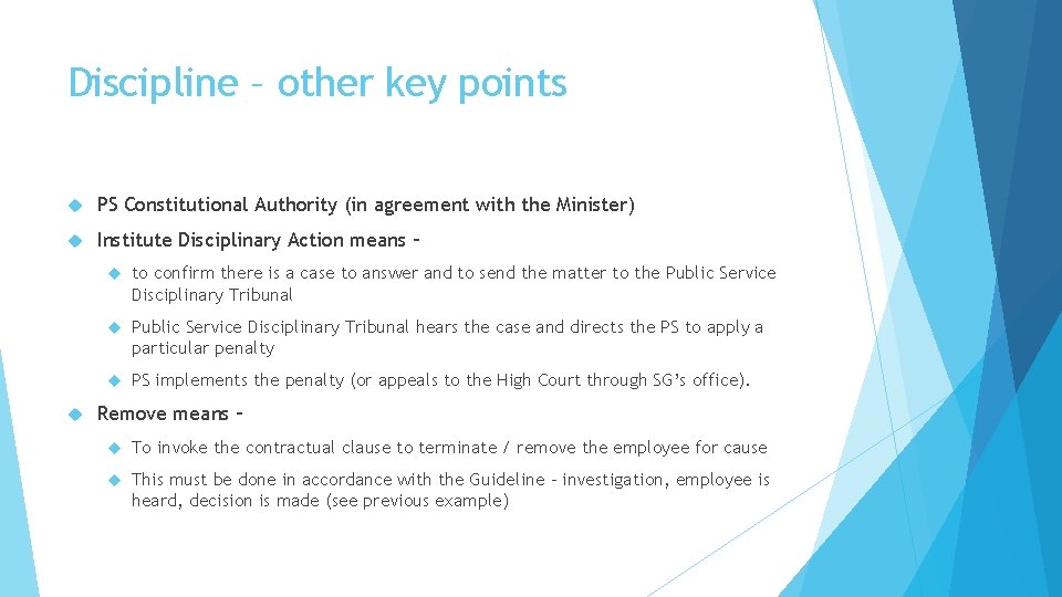 Discipline – other key points PS Constitutional Authority (in agreement with the Minister) Institute