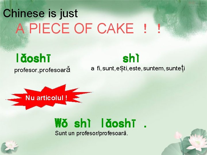 Chinese is just A PIECE OF CAKE ！！ lǎoshī shì profesor, profesoarǎ a fi,