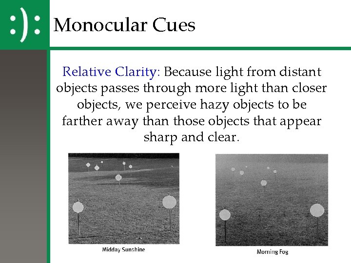 Monocular Cues Relative Clarity: Because light from distant objects passes through more light than Monocular Cues Relative Clarity: Because light from distant objects passes through more light than