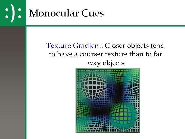 Monocular Cues Texture Gradient: Closer objects tend to have a courser texture than to Monocular Cues Texture Gradient: Closer objects tend to have a courser texture than to