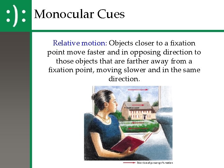 Monocular Cues Relative motion: Objects closer to a fixation point move faster and in Monocular Cues Relative motion: Objects closer to a fixation point move faster and in
