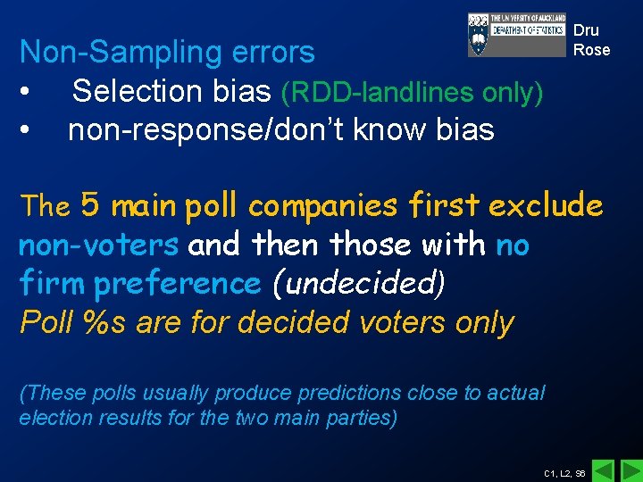 Non-Sampling errors • Selection bias (RDD-landlines only) • non-response/don’t know bias Dru Rose The