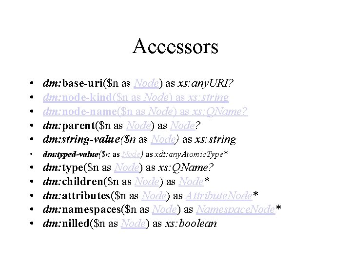 Accessors • • • dm: base-uri($n as Node) as xs: any. URI? dm: node-kind($n