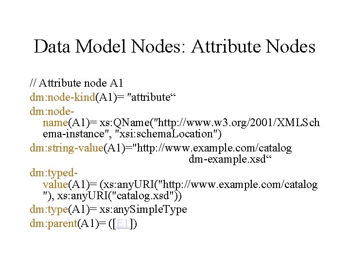 Data Model Nodes: Attribute Nodes // Attribute node A 1 dm: node-kind(A 1)= "attribute“