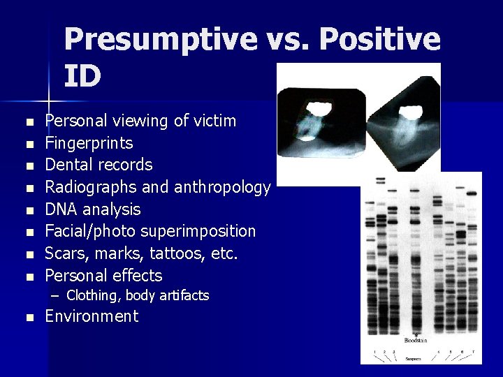 Presumptive vs. Positive ID n n n n Personal viewing of victim Fingerprints Dental