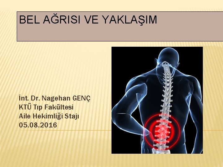 BEL AĞRISI VE YAKLAŞIM İnt. Dr. Nagehan GENÇ KTÜ Tıp Fakültesi Aile Hekimliği Stajı