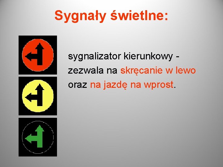 Sygnały świetlne: sygnalizator kierunkowy zezwala na skręcanie w lewo oraz na jazdę na wprost.